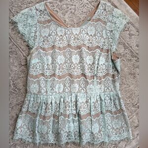MAEVE Anthropologie EUC Katrine Lace Peplum Round Neck Cap Sleeves, Size XL